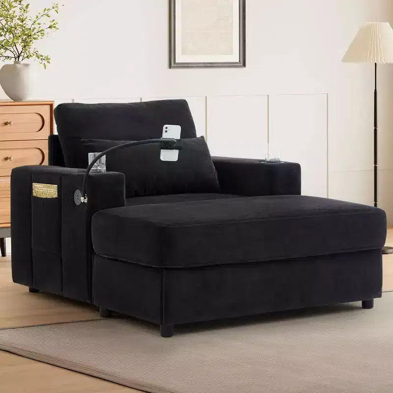 Fauteuil chaise longue MAYEERTY moderne 42.5 avec pouf de rangement amovible, ports, deux porte-gobelets, poches latérales pour salon, noir