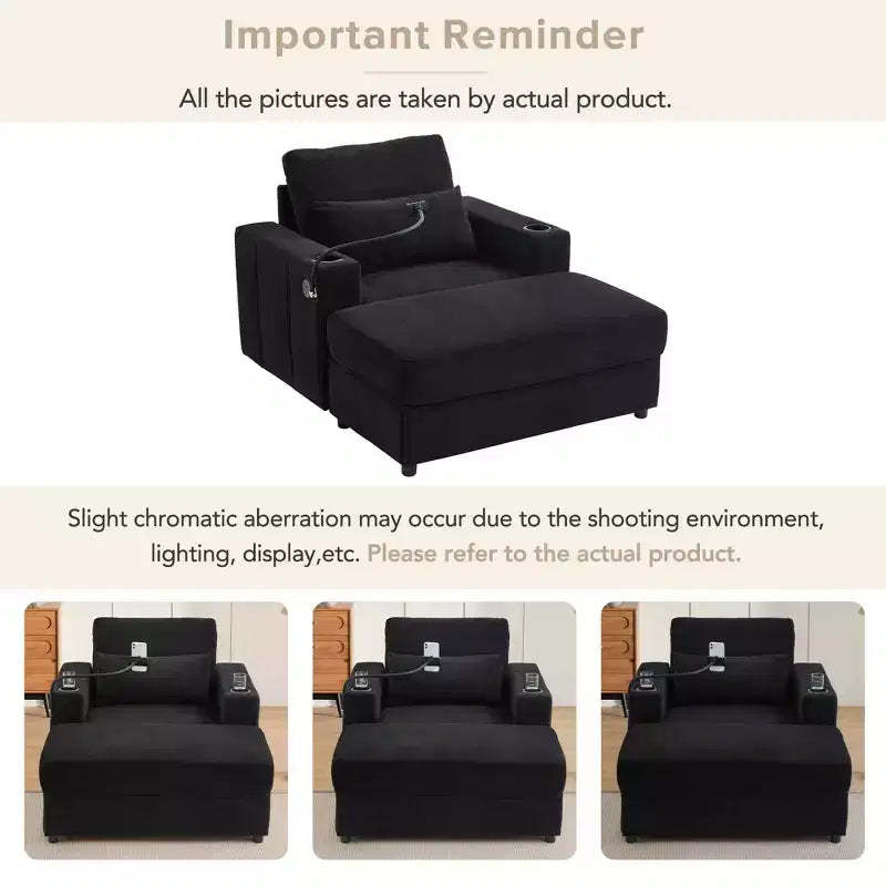 Fauteuil chaise longue MAYEERTY moderne 42.5 avec pouf de rangement amovible, ports, deux porte-gobelets, poches latérales pour salon, noir