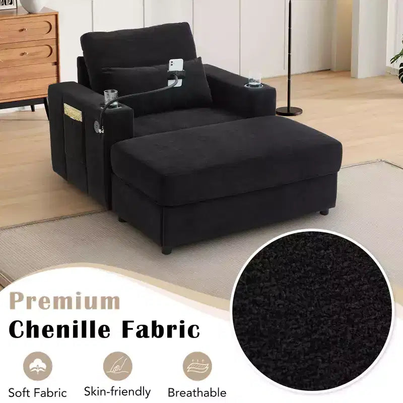 Fauteuil chaise longue MAYEERTY moderne 42.5 avec pouf de rangement amovible, ports, deux porte-gobelets, poches latérales pour salon, noir