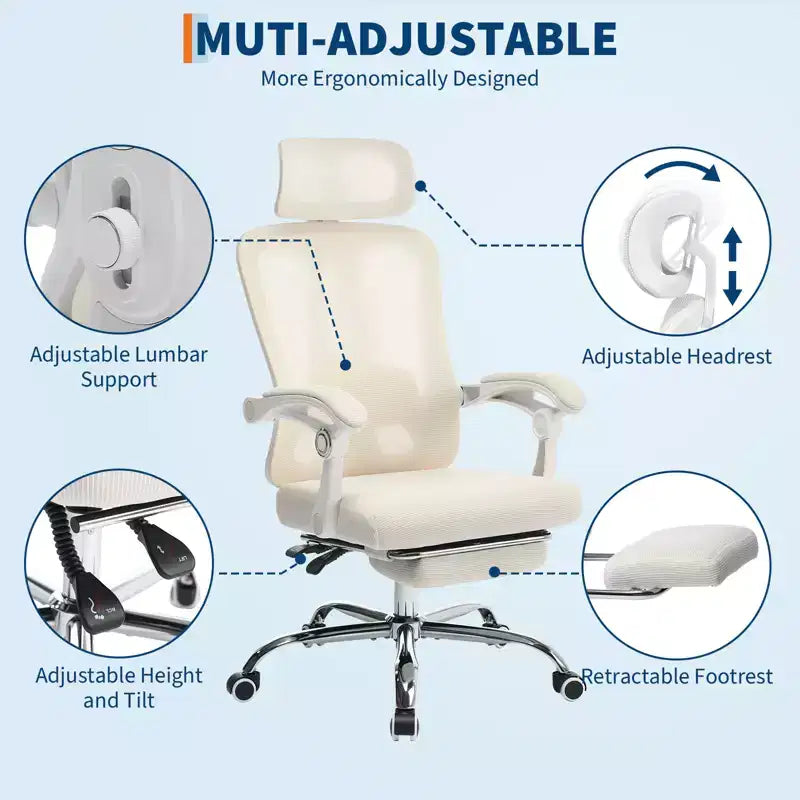 Chaise inclinable ergonomique en maille Acekool avec repose-pieds, lombaire et appui-tête réglables, pour la maison, le bureau et la salle de jeu