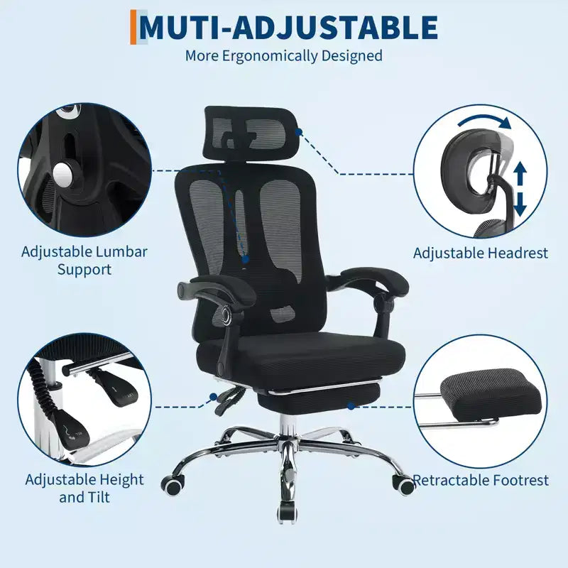 Chaise inclinable ergonomique en maille Acekool avec repose-pieds, lombaire et appui-tête réglables, pour la maison, le bureau et la salle de jeu