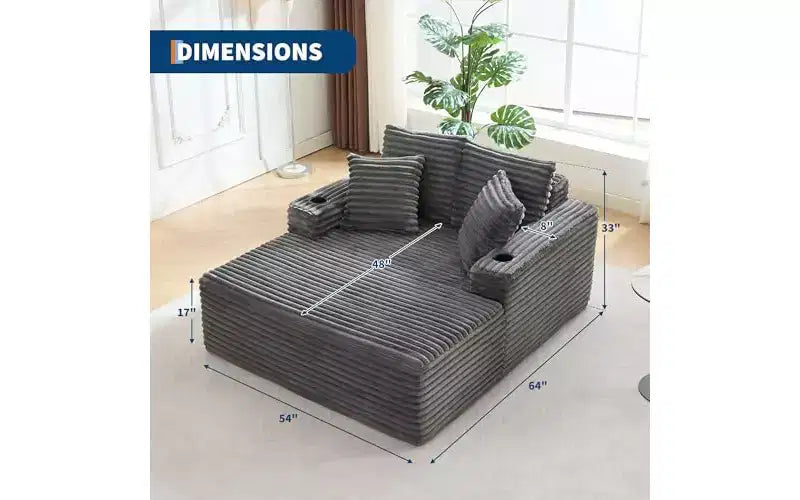 Chaise longue surdimensionnée 64 - Canapé-lit en velours côtelé sans structure avec coussins décoratifs et porte-gobelets, canapé-lit confortable à assise profonde