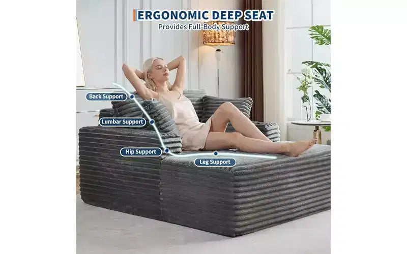 Chaise longue surdimensionnée 64 - Canapé-lit en velours côtelé sans structure avec coussins décoratifs et porte-gobelets, canapé-lit confortable à assise profonde