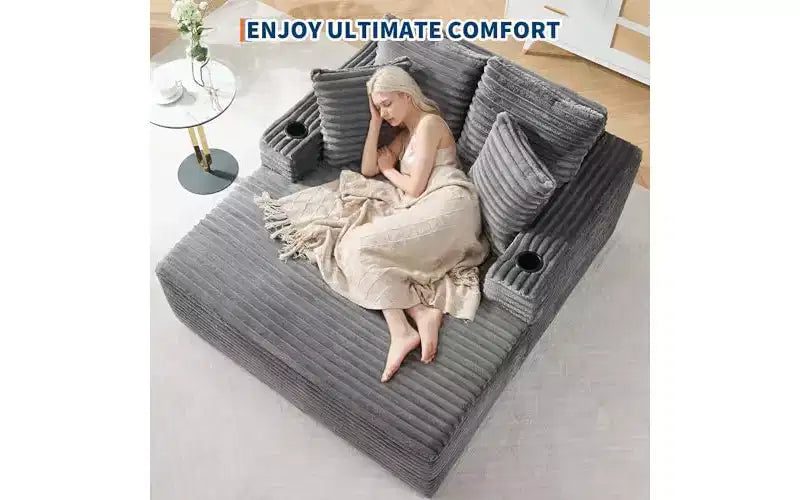 Chaise longue surdimensionnée 64 - Canapé-lit en velours côtelé sans structure avec coussins décoratifs et porte-gobelets, canapé-lit confortable à assise profonde