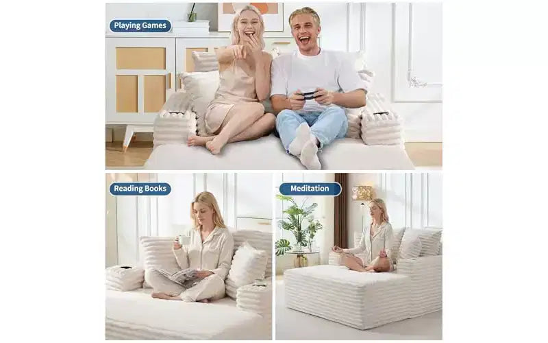 Chaise longue surdimensionnée 64 - Canapé-lit en velours côtelé sans structure avec coussins décoratifs et porte-gobelets, canapé-lit confortable à assise profonde