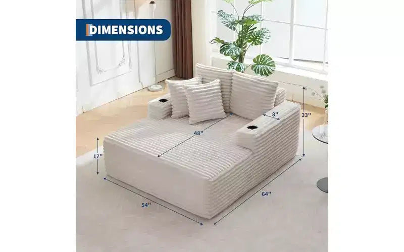 Chaise longue surdimensionnée 64 - Canapé-lit en velours côtelé sans structure avec coussins décoratifs et porte-gobelets, canapé-lit confortable à assise profonde