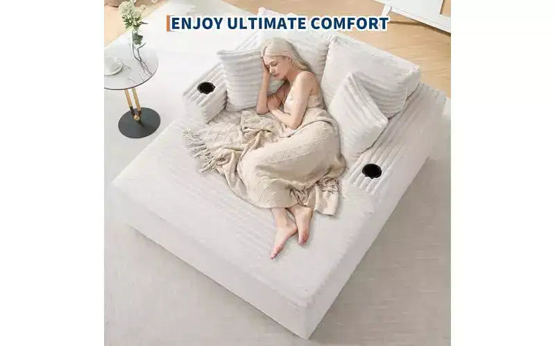 Chaise longue surdimensionnée 64 - Canapé-lit en velours côtelé sans structure avec coussins décoratifs et porte-gobelets, canapé-lit confortable à assise profonde