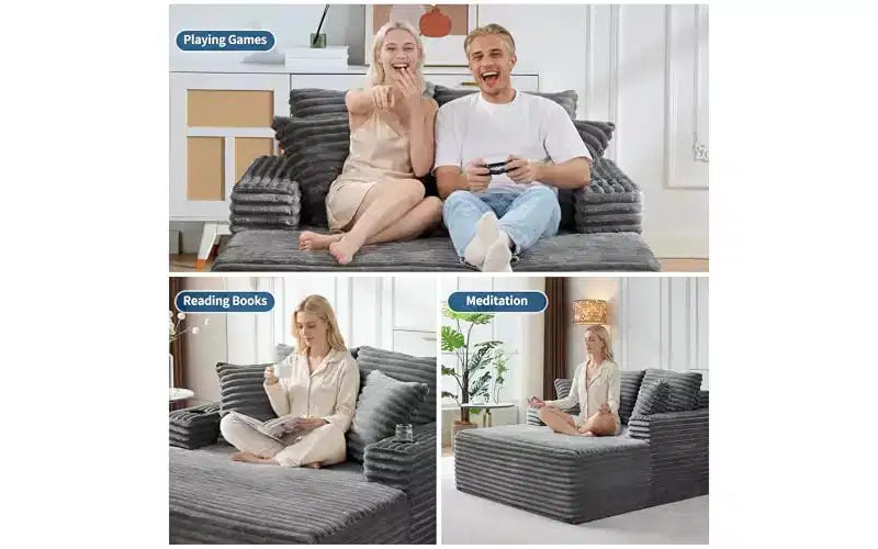 Chaise longue surdimensionnée 64 - Canapé-lit en velours côtelé sans structure avec coussins décoratifs et porte-gobelets, canapé-lit confortable à assise profonde