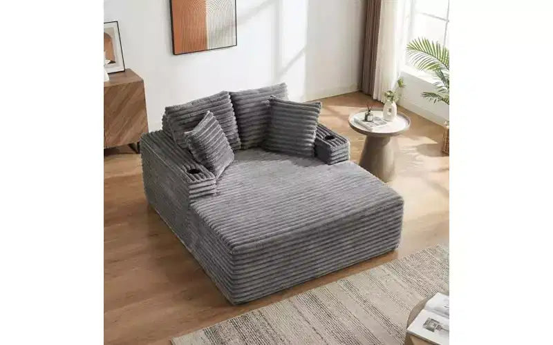 Chaise longue surdimensionnée 64 - Canapé-lit en velours côtelé sans structure avec coussins décoratifs et porte-gobelets, canapé-lit confortable à assise profonde