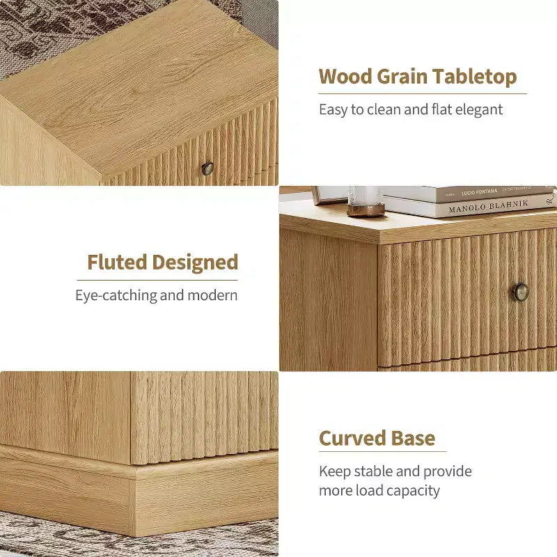 Table de chevet à tiroir cannelé, table de nuit moderne mid-century avec base à bord incurvé, rangement compact pour chambre et salon