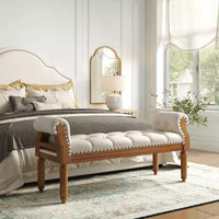 Upholstered Bed Bench Classic Button-Tufted Ottoman Mid-Century Entryway Shoe Bench Padded Vanity Stool Footstool with Rolled Arms - ModernLuxe