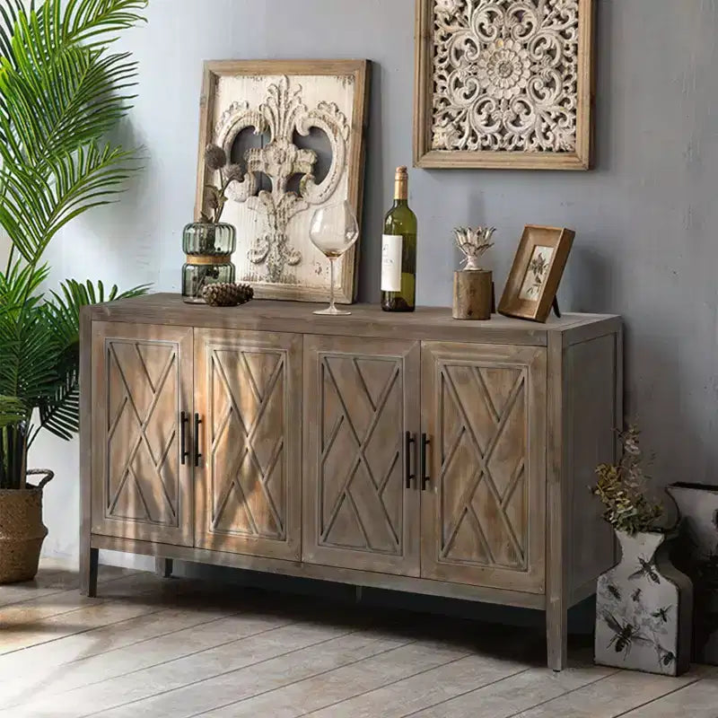 Buffet desserte Modern Farmhouse 60, armoire de rangement d'appoint 4 portes à motif géométrique avec étagères réglables - Panipeachy