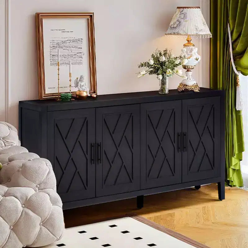 Buffet desserte Modern Farmhouse 60, armoire de rangement d'appoint 4 portes à motif géométrique avec étagères réglables - Panipeachy