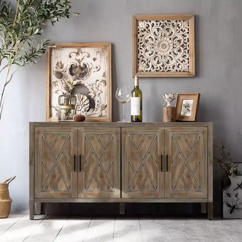 Buffet desserte Modern Farmhouse 60, armoire de rangement d'appoint 4 portes à motif géométrique avec étagères réglables - Panipeachy