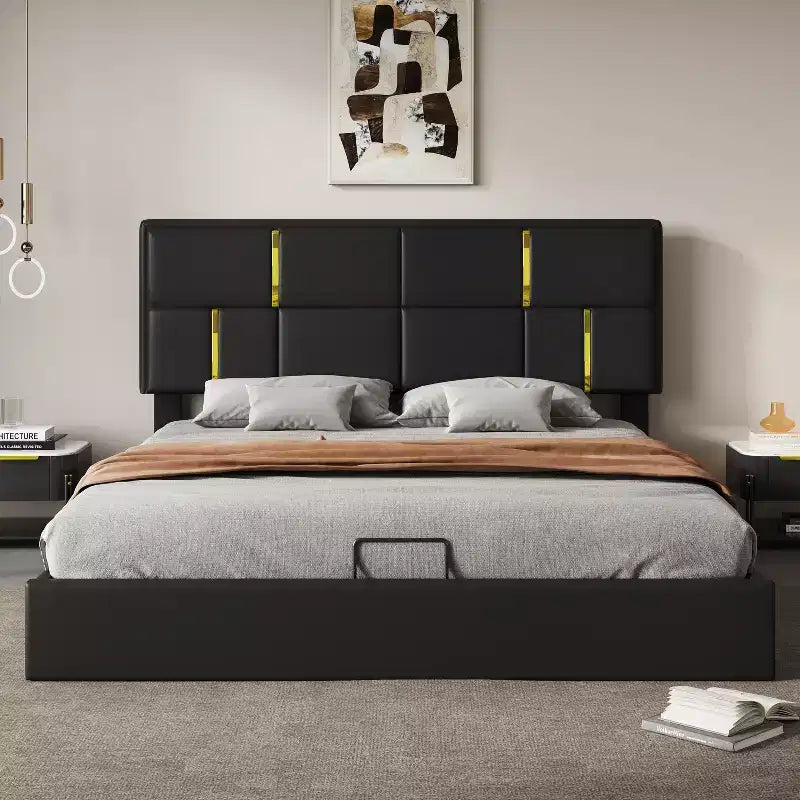 Lit plateforme tapissé en cuir PU taille Queen avec système de rangement hydraulique, cadre de lit en bois avec rangement relevable et tête de lit