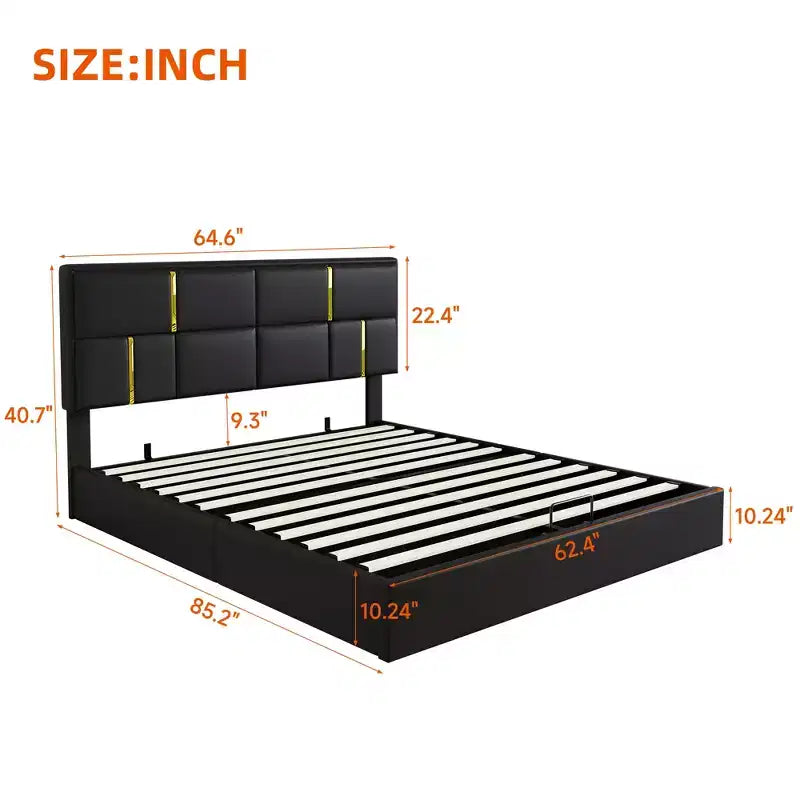 Lit plateforme tapissé en cuir PU taille Queen avec système de rangement hydraulique, cadre de lit en bois avec rangement relevable et tête de lit