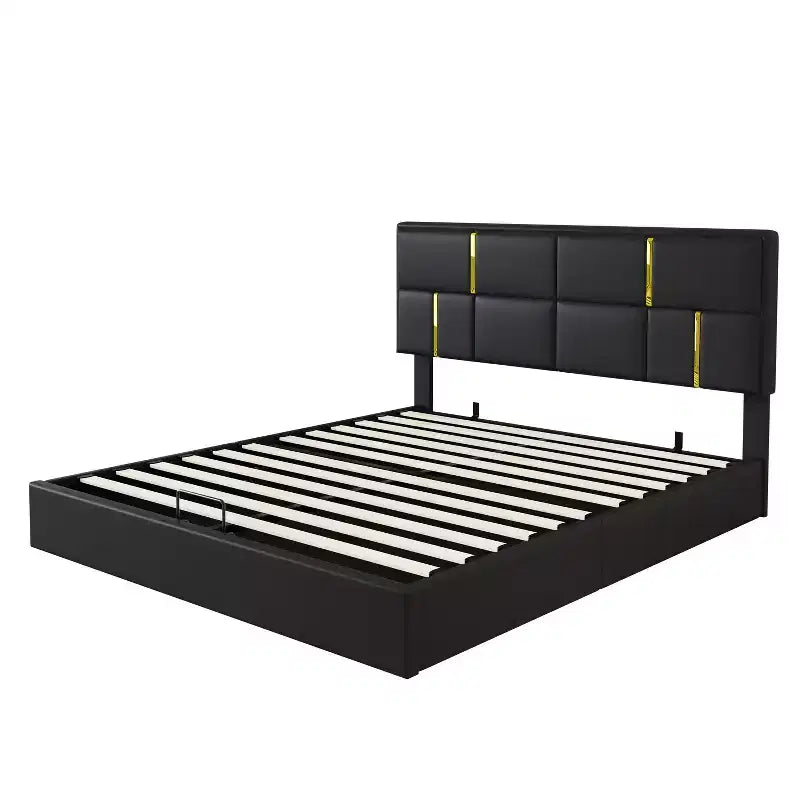 Lit plateforme tapissé en cuir PU taille Queen avec système de rangement hydraulique, cadre de lit en bois avec rangement relevable et tête de lit