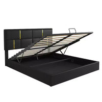 Lit plateforme tapissé en cuir PU taille Queen avec système de rangement hydraulique, cadre de lit en bois avec rangement relevable et tête de lit