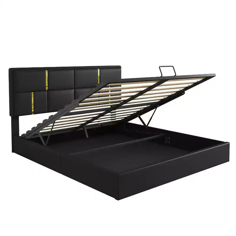 Lit plateforme tapissé en cuir PU taille Queen avec système de rangement hydraulique, cadre de lit en bois avec rangement relevable et tête de lit