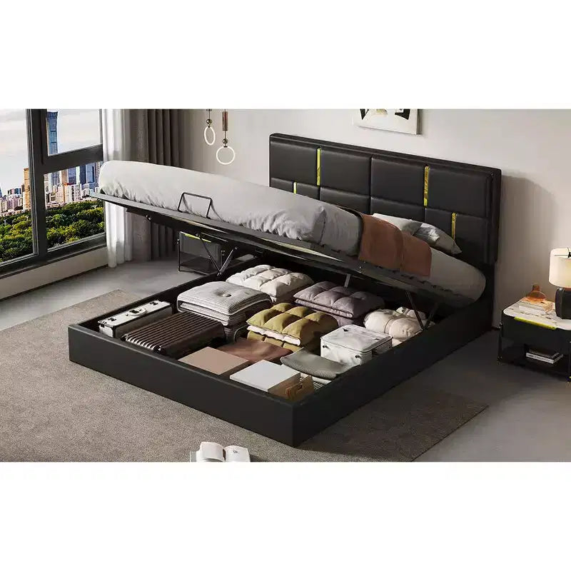 Lit plateforme tapissé en cuir PU taille Queen avec système de rangement hydraulique, cadre de lit en bois avec rangement relevable et tête de lit