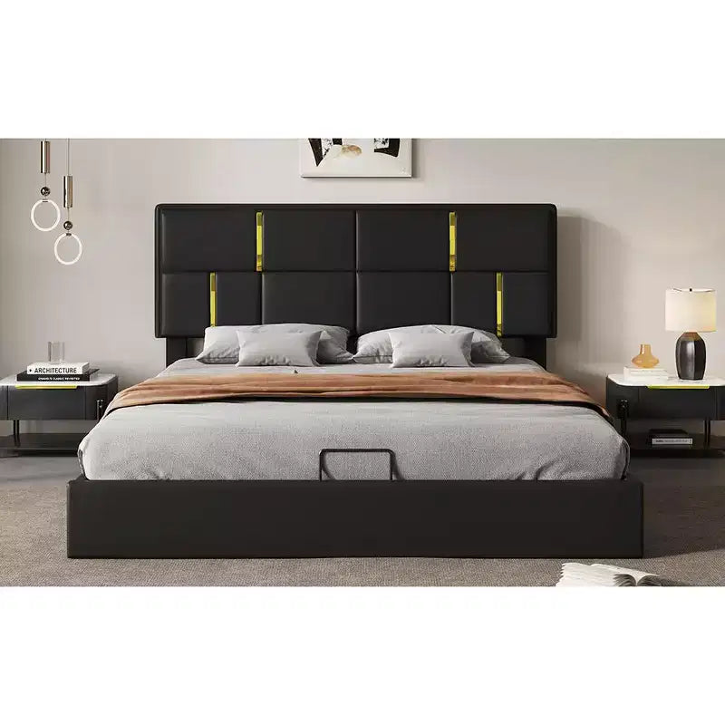 Lit plateforme tapissé en cuir PU taille Queen avec système de rangement hydraulique, cadre de lit en bois avec rangement relevable et tête de lit