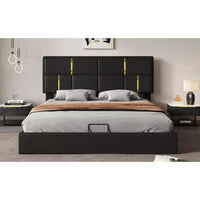 Lit plateforme tapissé en cuir PU taille Queen avec système de rangement hydraulique, cadre de lit en bois avec rangement relevable et tête de lit