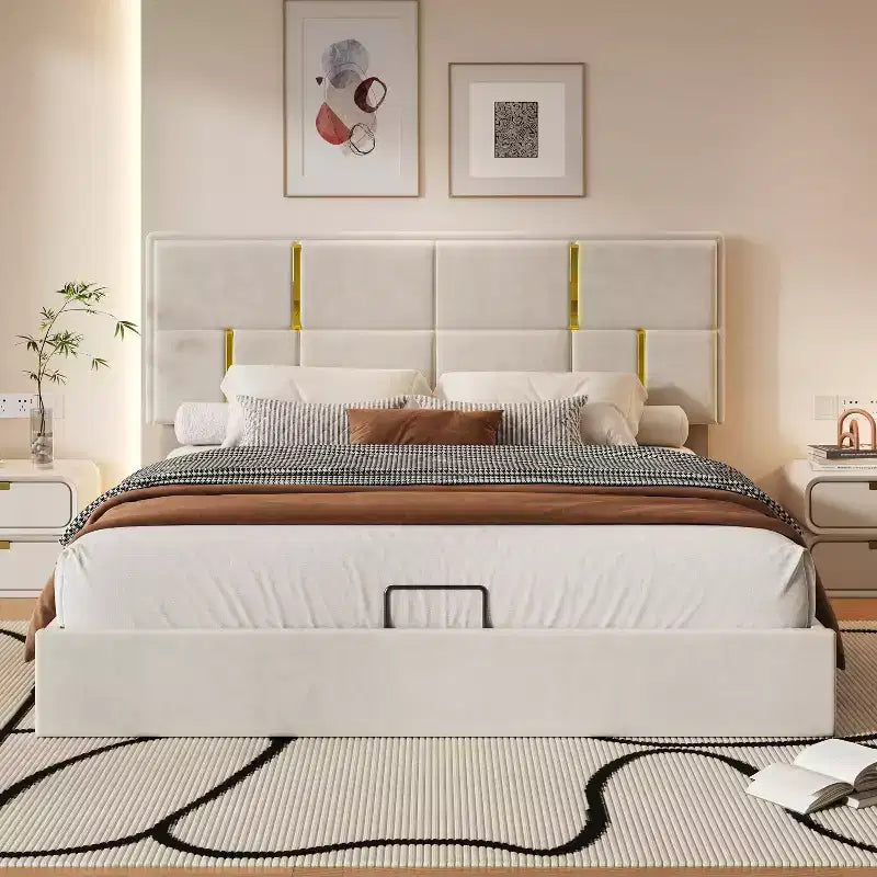 Lit plateforme tapissé en cuir PU taille Queen avec système de rangement hydraulique, cadre de lit en bois avec rangement relevable et tête de lit