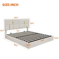 Lit plateforme tapissé en cuir PU taille Queen avec système de rangement hydraulique, cadre de lit en bois avec rangement relevable et tête de lit