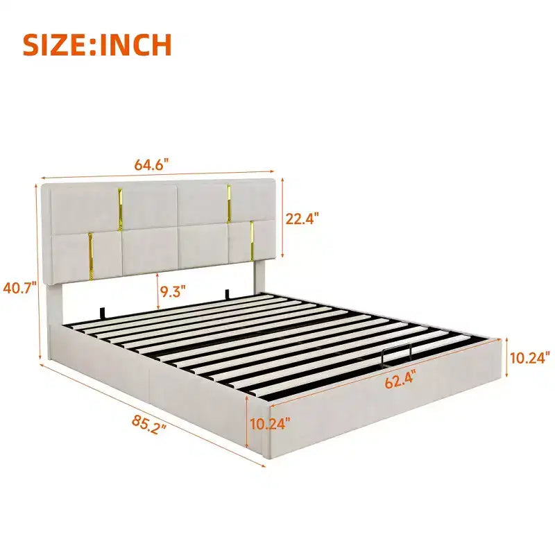 Lit plateforme tapissé en cuir PU taille Queen avec système de rangement hydraulique, cadre de lit en bois avec rangement relevable et tête de lit
