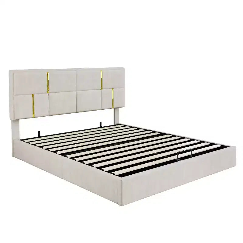 Lit plateforme tapissé en cuir PU taille Queen avec système de rangement hydraulique, cadre de lit en bois avec rangement relevable et tête de lit