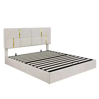 Lit plateforme tapissé en cuir PU taille Queen avec système de rangement hydraulique, cadre de lit en bois avec rangement relevable et tête de lit