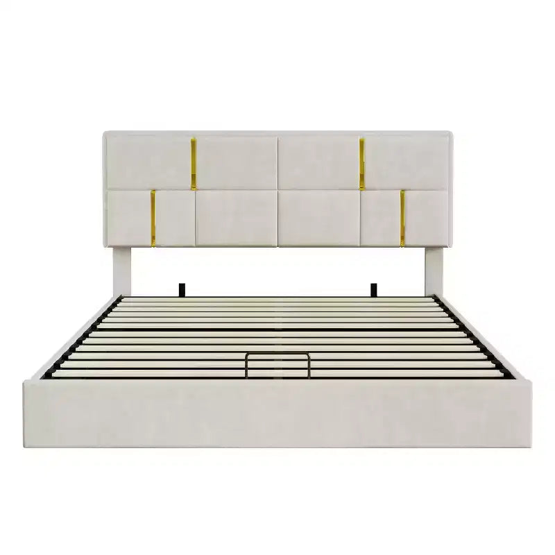 Lit plateforme tapissé en cuir PU taille Queen avec système de rangement hydraulique, cadre de lit en bois avec rangement relevable et tête de lit