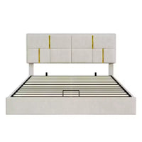 Lit plateforme tapissé en cuir PU taille Queen avec système de rangement hydraulique, cadre de lit en bois avec rangement relevable et tête de lit
