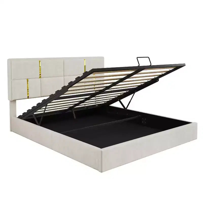 Lit plateforme tapissé en cuir PU taille Queen avec système de rangement hydraulique, cadre de lit en bois avec rangement relevable et tête de lit