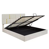 Lit plateforme tapissé en cuir PU taille Queen avec système de rangement hydraulique, cadre de lit en bois avec rangement relevable et tête de lit