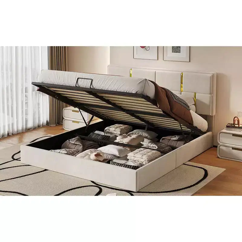 Lit plateforme tapissé en cuir PU taille Queen avec système de rangement hydraulique, cadre de lit en bois avec rangement relevable et tête de lit