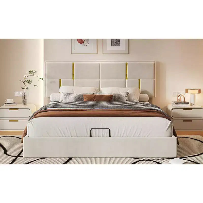 Lit plateforme tapissé en cuir PU taille Queen avec système de rangement hydraulique, cadre de lit en bois avec rangement relevable et tête de lit
