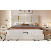 Lit plateforme tapissé en cuir PU taille Queen avec système de rangement hydraulique, cadre de lit en bois avec rangement relevable et tête de lit
