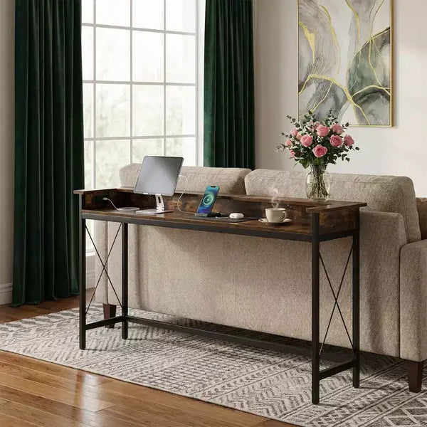 MAYEERTY Table console industrielle de 70,9 pouces, table de canapé d'entrée avec prises et ports USB