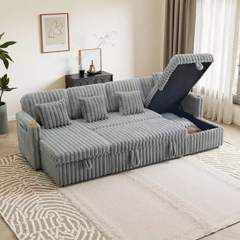 Canapé-lit en U MooxvMoo 124 avec rangement, canapé convertible surdimensionné avec lit escamotable, dossier réglable, ports USB et porte-gobelets, gris