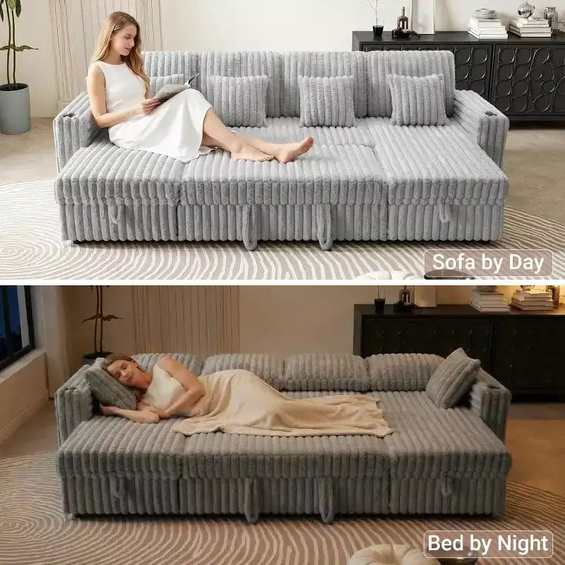 Canapé-lit en U MooxvMoo 124 avec rangement, canapé convertible surdimensionné avec lit escamotable, dossier réglable, ports USB et porte-gobelets, gris