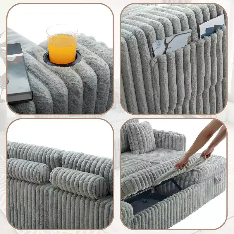 Canapé-lit en U MooxvMoo 124 avec rangement, canapé convertible surdimensionné avec lit escamotable, dossier réglable, ports USB et porte-gobelets, gris