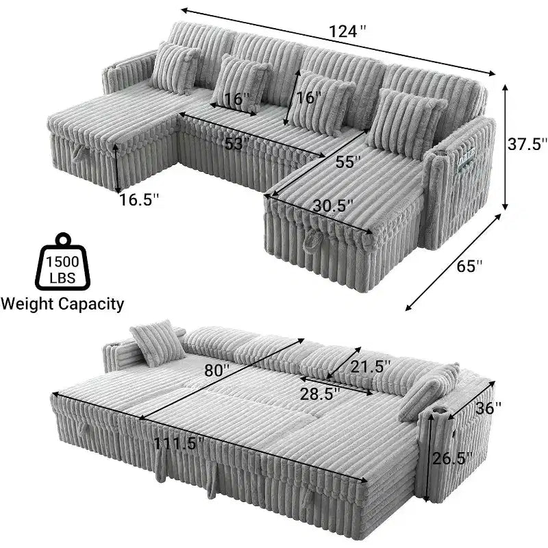Canapé-lit en U MooxvMoo 124 avec rangement, canapé convertible surdimensionné avec lit escamotable, dossier réglable, ports USB et porte-gobelets, gris