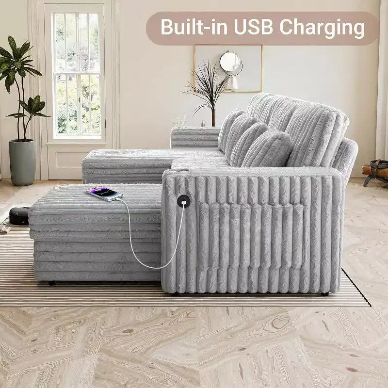 Canapé-lit en U MooxvMoo 124 avec rangement, canapé convertible surdimensionné avec lit escamotable, dossier réglable, ports USB et porte-gobelets, gris
