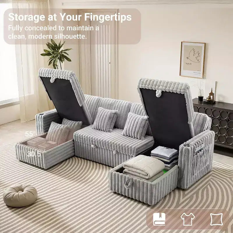 Canapé-lit en U MooxvMoo 124 avec rangement, canapé convertible surdimensionné avec lit escamotable, dossier réglable, ports USB et porte-gobelets, gris