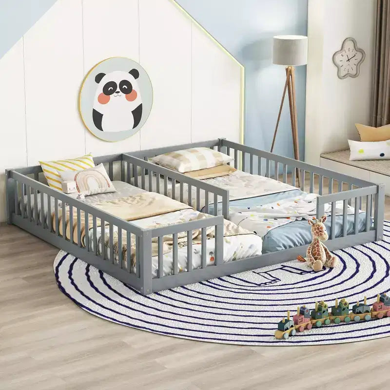 Lit au sol double avec barrière de sécurité, lit plateforme en bois pour 2 enfants
