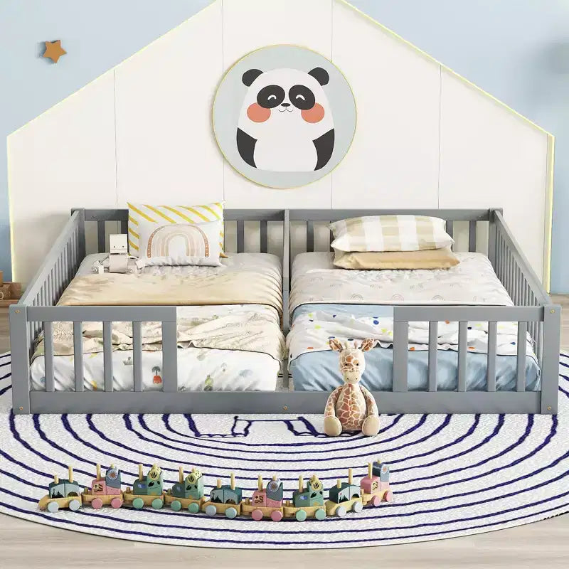 Lit au sol double avec barrière de sécurité, lit plateforme en bois pour 2 enfants