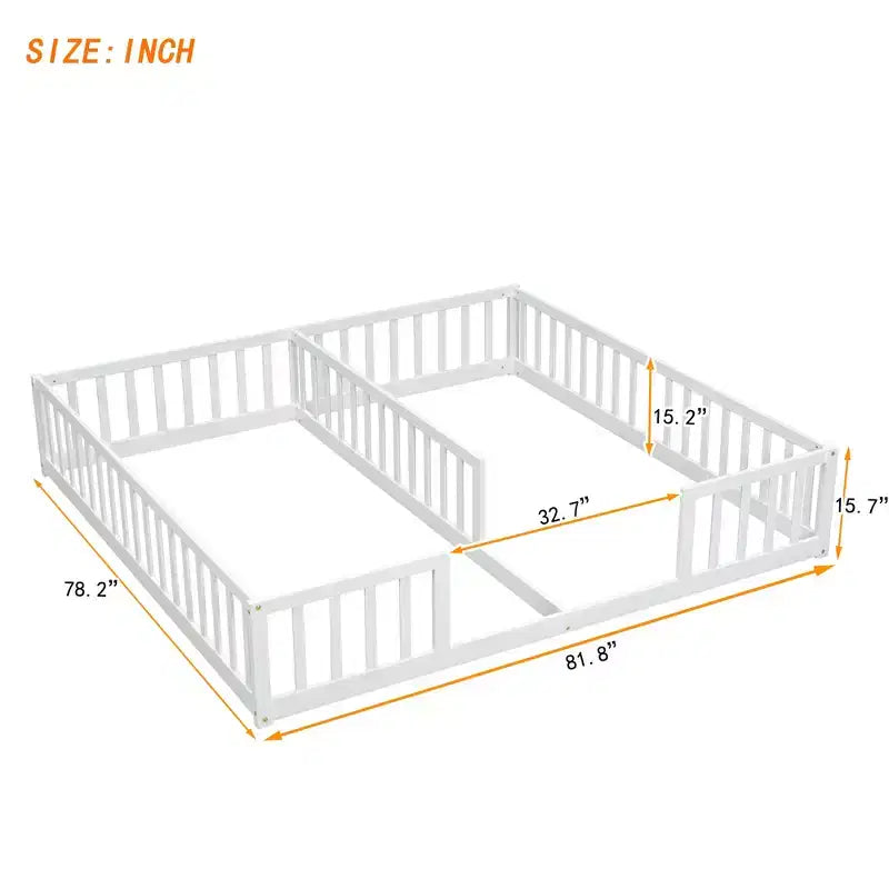 Lit au sol double avec barrière de sécurité, lit plateforme en bois pour 2 enfants