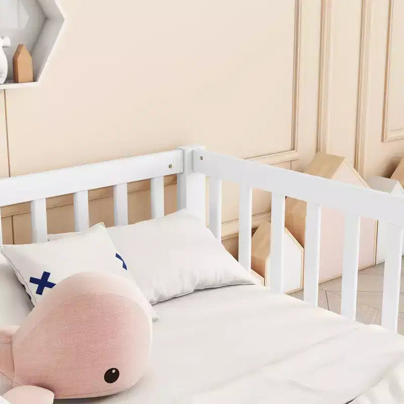 Lit au sol double avec barrière de sécurité, lit plateforme en bois pour 2 enfants