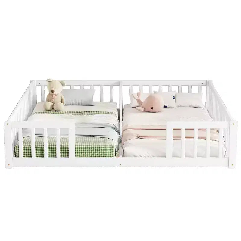 Lit au sol double avec barrière de sécurité, lit plateforme en bois pour 2 enfants